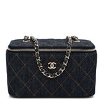 Denim Quilted Vanity Case With Chain Dark Blue Orange