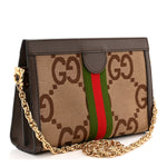 Monogram Jumbo GG Textured Dollar Calfskin Web Small Ophidia Chain Shoulder Bag Camel Ebony New Acero