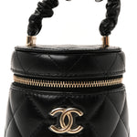 Lambskin Quilted Ruched Handle Vanity Case Black
