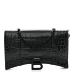 Shiny Calfskin Monochrome Crocodile Embossed Hourglass Chain Bag Black