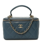 Lambskin Quilted Small Top Handle Vanity Case With Chain Blue