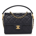 Shiny Caviar Quilted Mini Top Handle Flap Navy Blue