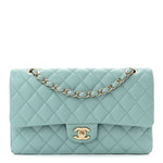 Caviar Quilted Medium Double Flap Light Blue