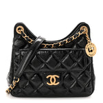 Shiny Crumpled Calfskin Quilted Small Wavy CC Hobo Black