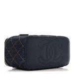 Denim Quilted Vanity Case With Chain Dark Blue