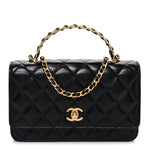 Shiny Calfskin Quilted Metal Top Handle Wallet On Chain WOC Black