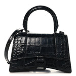 Shiny Calfskin Monochrome Crocodile Embossed Small Hourglass Top Handle Bag Black