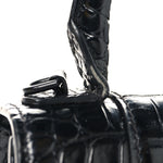 Shiny Calfskin Monochrome Crocodile Embossed Small Hourglass Top Handle Bag Black