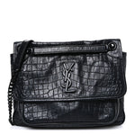 Crocodile Embossed Lambskin Monogram Medium Niki Chain Satchel Black