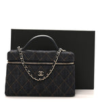 Denim Quilted Top Handle Slim Vanity Case With Chain Dark Blue Orange