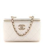 Caviar Quilted Crystal Hearts Small Vanity Case With Chain White