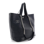 Calfskin Tweed Small Logo Eyelets Shopping Tote Navy Blue