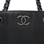 Metallic Grained Calfskin Medium Woven Chain Shopping Bag Black