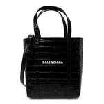 Shiny Calfskin Logo Crocodile Embossed XXS Everyday Tote  Black