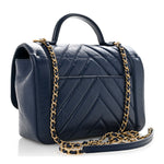 Calfskin Chevron Quilted Top Handle Flap Navy