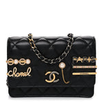 Lambskin Quilted Coco Clips Mini Wallet On Chain WOC Black