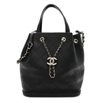 Calfskin Stitched Chain Top Handle Bucket Bag Black