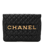 Calfskin Quilted Front Logo Enchained Clutch Black