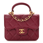 Lambskin Quilted Top Handle Flap Coin Purse With Chain Burgundy