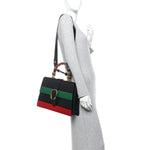 Moon Calfskin Web Large Dionysus Bamboo Top Handle Bag Black Bright Evergreen Hibiscus Red