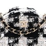 Tweed Quilted Round Clutch With Chain Black Ecru White