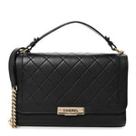 Grained Calfskin Quilted Large Label Click Flap Bag Black