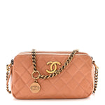 Calfskin Quilted Crown CC Double Zip Bag Beige
