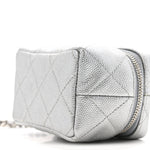 Metallic Caviar Quilted Mini Top Handle Vanity With Chain Silver