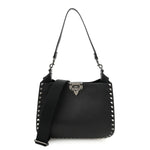 Grained Calfskin Rockstud Hobo Shoulder Bag Black
