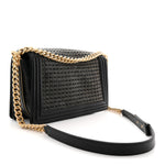 Lambskin Braided Woven Medium Boy Flap Navy Black
