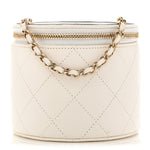 Lambskin Quilted Round Small Vanity Case With Chain White Black