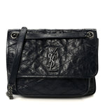 Crinkled Calfskin Matelasse Monogram Medium Niki Chain Satchel Deep Marine