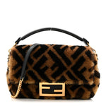 Shearling Vitello Dolce Macro FF 1974 Mini Baguette Tobacco Black