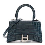 Shiny Calfskin Crocodile Embossed Hourglass Top Handle Bag XS Denim Blue