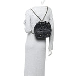 Lambskin Quilted Double Pocket Drawstring Backpack Black