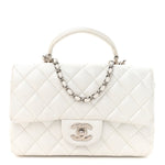 Metallic Caviar Quilted Mini Top Handle Rectangular Flap White