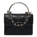 Lambskin Quilted Mini Metal Top Handle Flap Clutch With Chain  Black