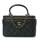 Iridescent Lambskin Quilted Small Top Handle Vanity Case With Chain Green
