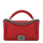 Calfskin Quilted Medium Top Handle Boy Flap Red