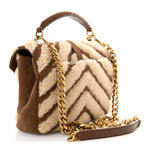 Nubuck Shearling Chevron Monogram Medium College Bag Dark Cigar Natural Beige