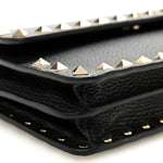 Pebbled Calfskin Rockstud Flap Wallet On Chain Black