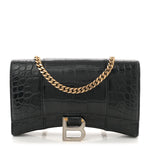 Shiny Calfskin Crocodile Embossed Hourglass Chain Bag Black