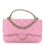 Lambskin Quilted Flap Phone Holder With Chain Lilac Light Green