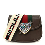 Textured Calfskin Web Crystal Heart Stripe Small Totem Shoulder Bag New Acero