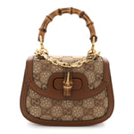 New Canvas Charisma Calfskin Crystal GG Monogram Small Bamboo 1947 Top Handle Bag Camel Ebony