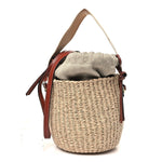 X MIFUKO Raffia Calfskin Small Woody Basket Shoulder Bag Beige Brown