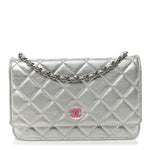 Metallic Lambskin Quilted Wallet On Chain WOC Silver