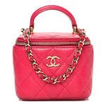 Lambskin Quilted Mini Top Handle Vanity Case With Chain Dark Pink
