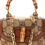New Canvas Charisma Calfskin Crystal GG Monogram Small Bamboo 1947 Top Handle Bag Camel Ebony