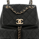Shiny Caviar Quilted Medium Duma Pockets Drawstring Backpack Black